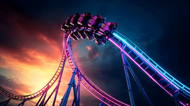 Vibrant Neon Roller Coaster At Sunset