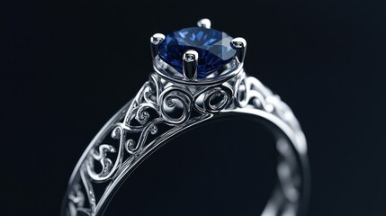An ornate silver engagement ring showcasing a vibrant blue gemstone is featured