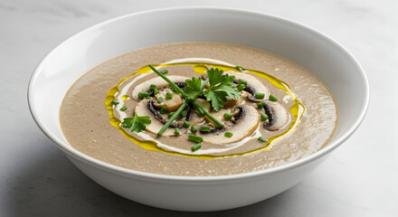 Elegant Creamy Mushroom Soup Garnished With Herbs And Olive Oil