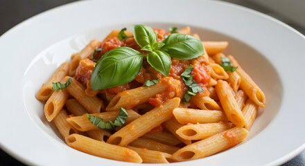 Delicious Penne Arrabiata Pasta with Fresh Basil Leaves and Tomato Sauce