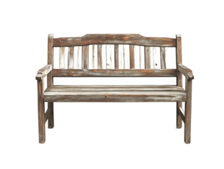Wooden boardwalk bench with slatted seat and back, coastal promenade furniture, oceanfront seating solution, white background