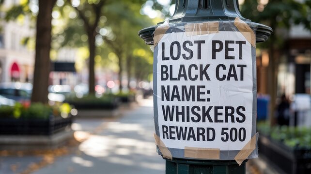 Lost Cat Poster on Street Lamp: Whiskers, Reward Offered