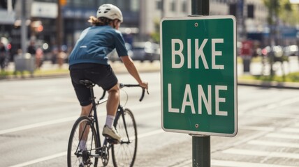 Naklejka premium Cyclist in Bike Lane on City Street