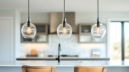 Three pendant lights hang above an immaculate kitchen island