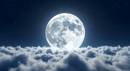 Fototapeta premium A stunning, full moon shines brilliantly above a sea of fluffy, cloud-filled skies in the night.