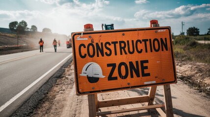 Construction Zone Road Sign with Workers