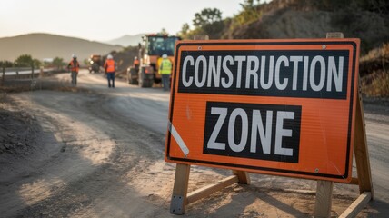 Construction Zone Sign on Road with Workers and Machinery