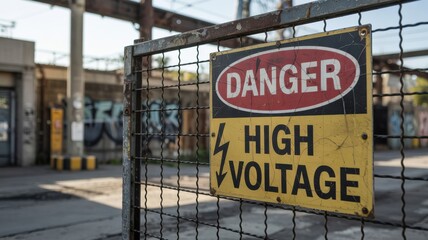 Danger High Voltage Sign on Industrial Fence