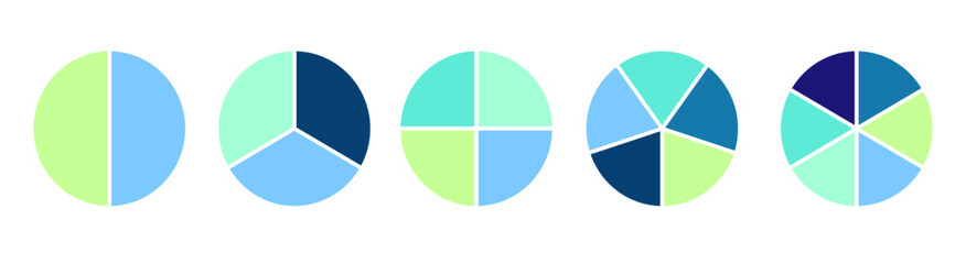 Set of blue pie chart icons. Circular segment and slice graphics showing 1 to 6 divisions. Ring-style percentage diagrams, wheel segments, and fractional infographics isolated on transparent backgroun