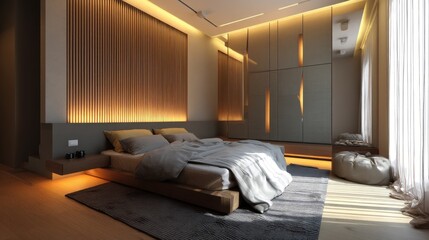 Modern bedroom with linear lights and shadow-casting panels 