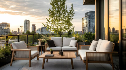 Modern Patio Furniture Set With City View At Sunset