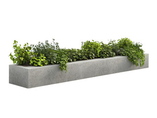 Concrete barrier planter with integrated seating, security bollard with vegetation, defensive urban design furniture, white background