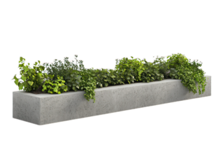 Concrete barrier planter with integrated seating, security bollard with vegetation, defensive urban design furniture, white background