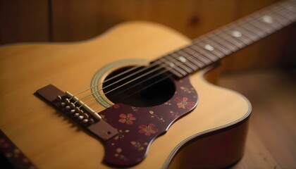 Fototapeta premium A beautifully crafted acoustic guitar is the focus in this close-up shot with elegant floral detail.