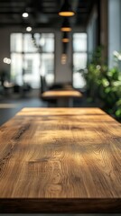 Beautiful wooden table in a modern office space with natural lighting and minimalistic decor