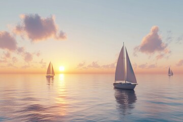 Fototapeta premium Sailboats glide peacefully on tranquil waters at sunset near a serene horizon