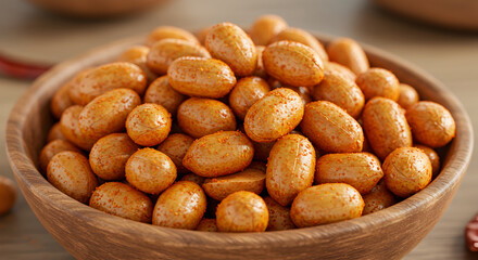 Fototapeta premium Delicious Spicy Coated Peanuts In A Wooden Bowl On Brown Background