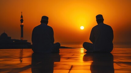 Two men are sitting peacefully at sunset near a mosque