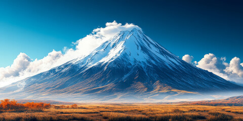 Fototapeta premium Majestic volcanic mountains rise against a vivid blue sky with fluffy white clouds, showcasing nature's raw beauty at sunset