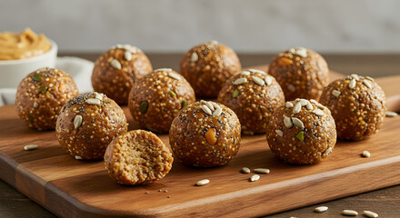Delicious Energy Bites on Wooden Board with Seeds and Nuts