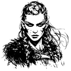 Fierce Viking Woman SVG in Black and White, Braided Hair, War Paint Eyes, Fur Collar, Warrior Upper Torso and Head