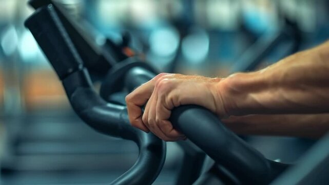 Hand Adjusting Resistance on Stationary Bike in Modern Gym Setting for Fitness Focus