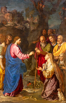 FLORENCE, ITALY - MARCH 18, 2025: The painting Jesus health the Canaanite woman in church Chiesa di San Giovannino degli Scolopi by Alessandro Allori (1587 - ca 1590)