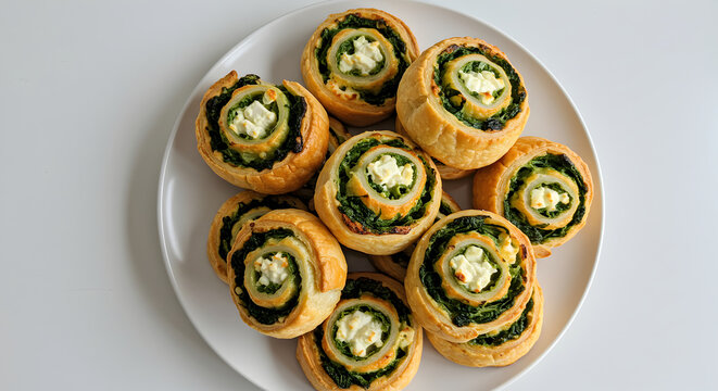 Savory Spinach And Feta Pinwheels Puff Pastry Appetizer On White Surface