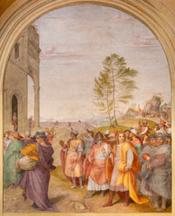 FLORENCE, ITALY - MARCH 19, 2025: The fresco of Journey of the Magi in the church Basilica della Santissima Annunziata by Andrea del Sarto from year 1511.
