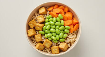 Balanced Bowl Of Vegan Goodness With Tofu Edamame Carrots And Brown Rice