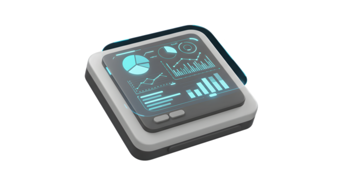 A futuristic device displaying charts and graphs on a screen with a gray and black base design element