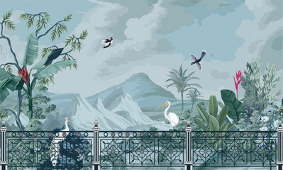 Mural garden wallpaper, Botanical Mural Wallpaper. Vintage Garden wallpaper illustrations. Tropical Vintage Garden Mural Wallpaper. © Parimol