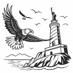 Silhouette of an eagle flying near a lighthouse with birds in the sky