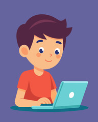 A boy intently typing away on a laptop learning the basics of computer programming.. Vector illustration