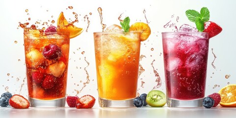 Refreshing fruit-infused beverages splashing in glasses on a bright background