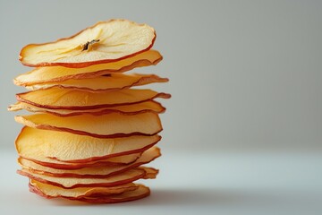 Side view of an accurate stack of dried thin apples slices, copyspace on the right