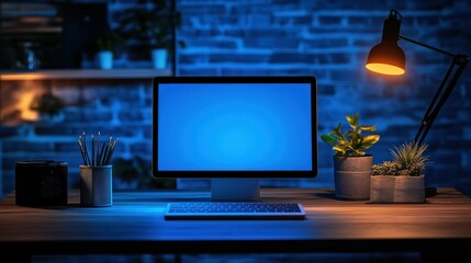 Fototapeta premium A desktop workspace lit with desk lamp and computer monitor at night