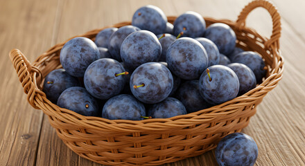 Fresh Plums In A Basket On A Rustic Wooden Surface