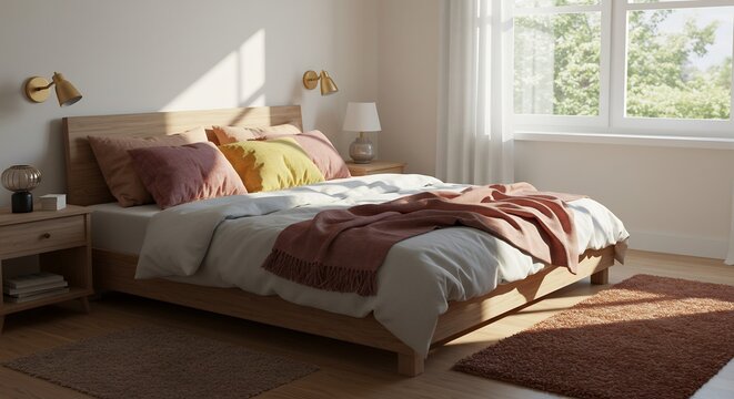 穏やかな日差しが差し込む、落ち着いた寝室 暖色系の寝具と木製の家具が調和