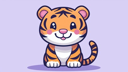 Cute cartoon tiger, sitting, happy,  adorable, children's book, simple background,  digital illustration,  perfect for kids