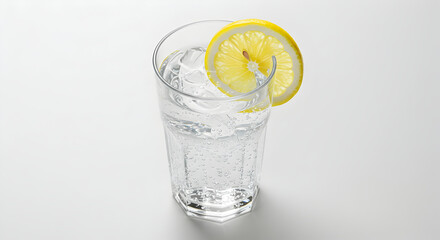 Refreshing Sparkling Water With Lemon Slice On A White Background