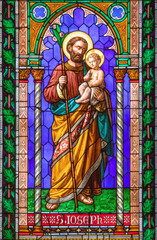 PRATO, ITALY - MARCH 21, 2025: The St. Joseph on the stained glass in the Cathedral by unknown...