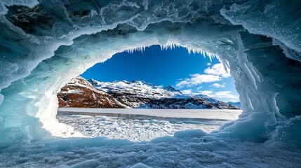 Elegant icy cavern with delicate frost on edges, glowing natural light from a skylight above, soft blue gradients, no human presence, clean composition, frozen wonderland