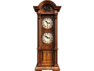 Decorative street clock with four faces, traditional timepiece tower, urban orientation furniture, white background