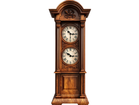 Decorative street clock with four faces, traditional timepiece tower, urban orientation furniture, white background