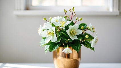 Elegant Helleborus and Callistemon in Brass Pot