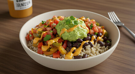 Nutritious Grain Bowl Topped With Guacamole And Fresh Vegetables