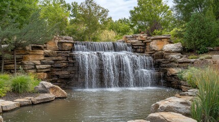 A small tiered waterfall cascading into a pond surrounded by greenery