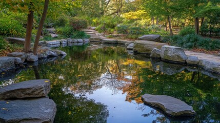 A Calm Reflective Pond Surrounded By Lush Green Foliage And Rocks