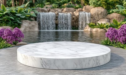 Marble pedestal by waterfall, lush garden backdrop; product display